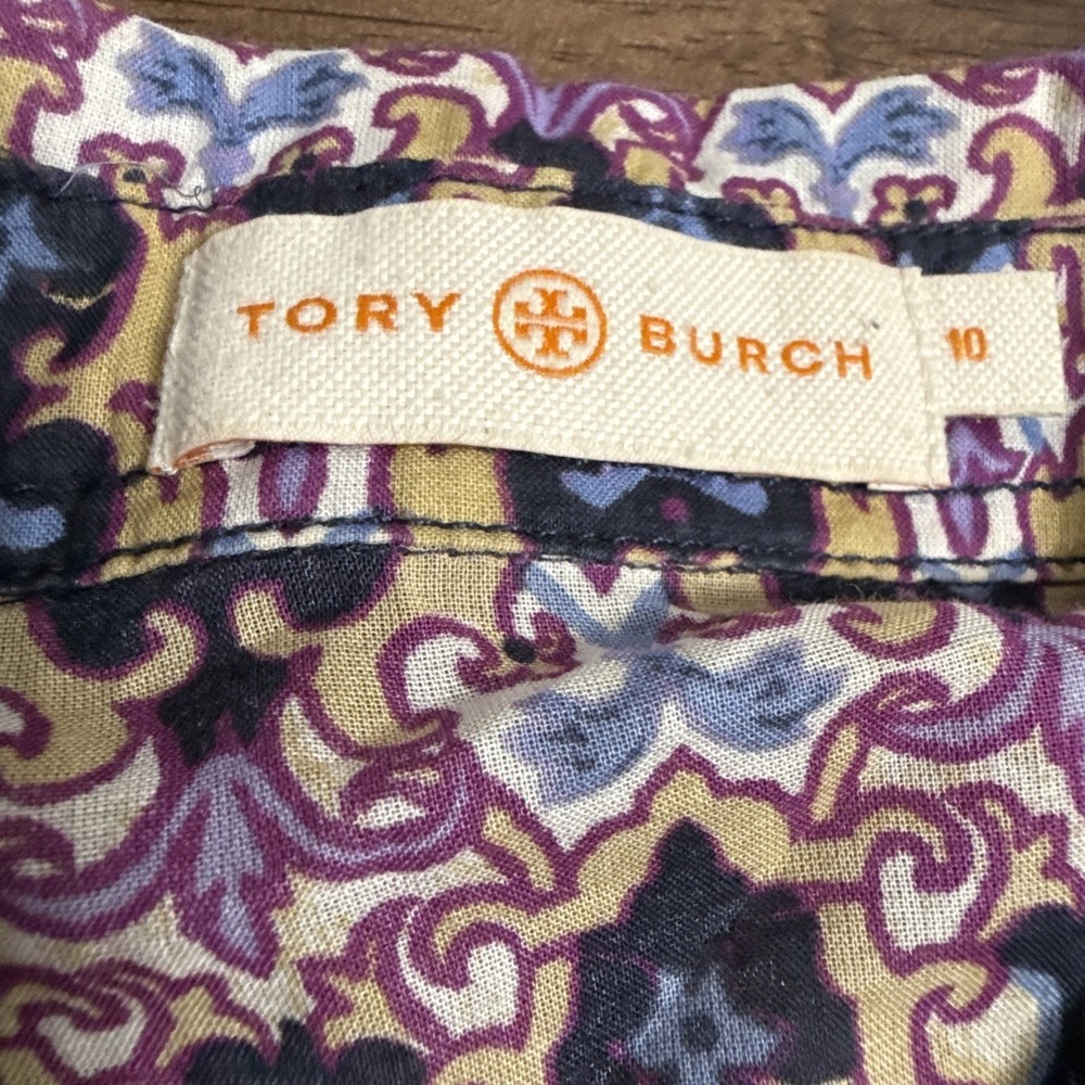 Tory Burch Cotton Demask Kaleidoscope Button Blouse Roll Tab Long Sleeve Sz 10 - Picture 10 of 11